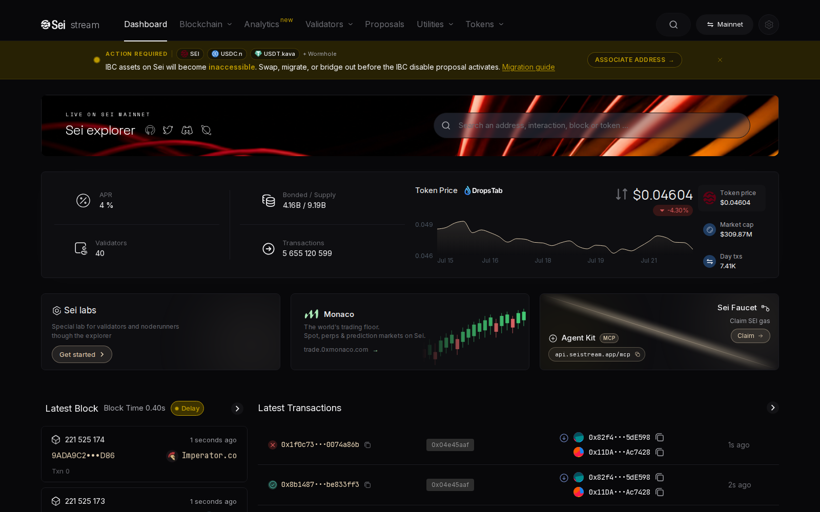 Sei explorer dashboard with MCP Server widget and live transactions