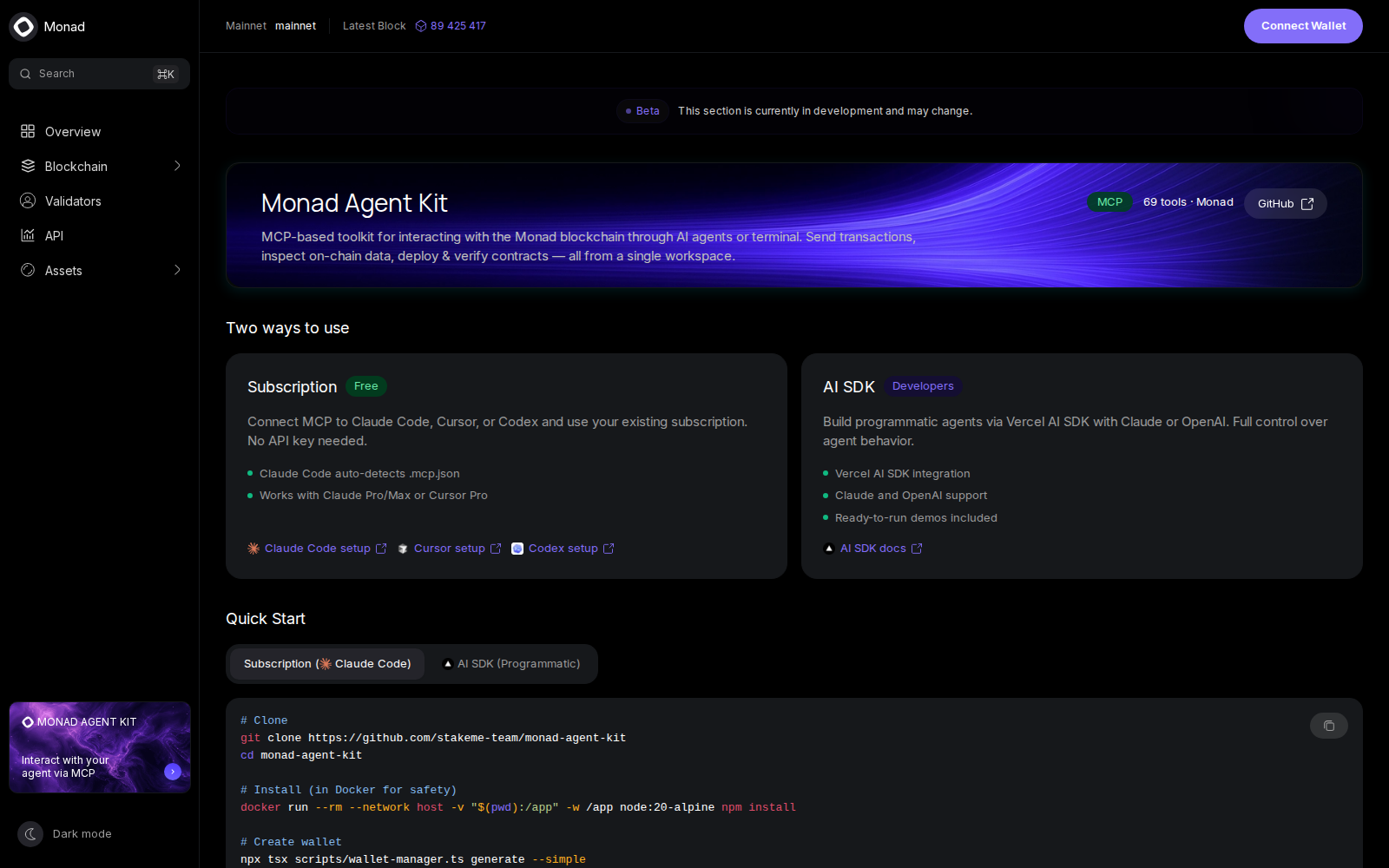 Monad Agent Kit — Subscription and AI SDK paths